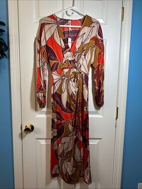 NWTS Anthropologie Wrap Maxi Dress in Orange, Tan, & Plum/Purple floral. Sz S